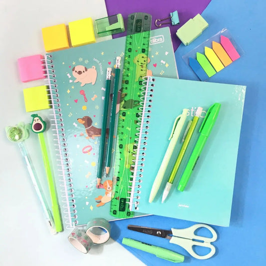 Kit Papelaria Combo Tons de Verde Neon Pastel